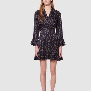 SANDRO silky chain print ruffle mini dress NWOT